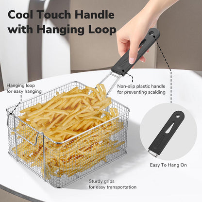 WeChef Deep Fryer Basket with Hook & Handle 8x6x4in